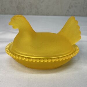 Small Yellow Satin Glass Hen On Nest